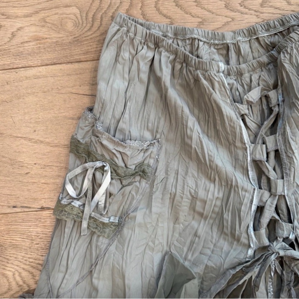 Boho Khaki Maxi Skirt with lace & ribbon Tie Accents - Picture 2 of 5